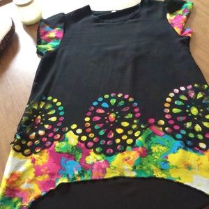 Colorful hi lo cap sleeved top, semi-sheer
